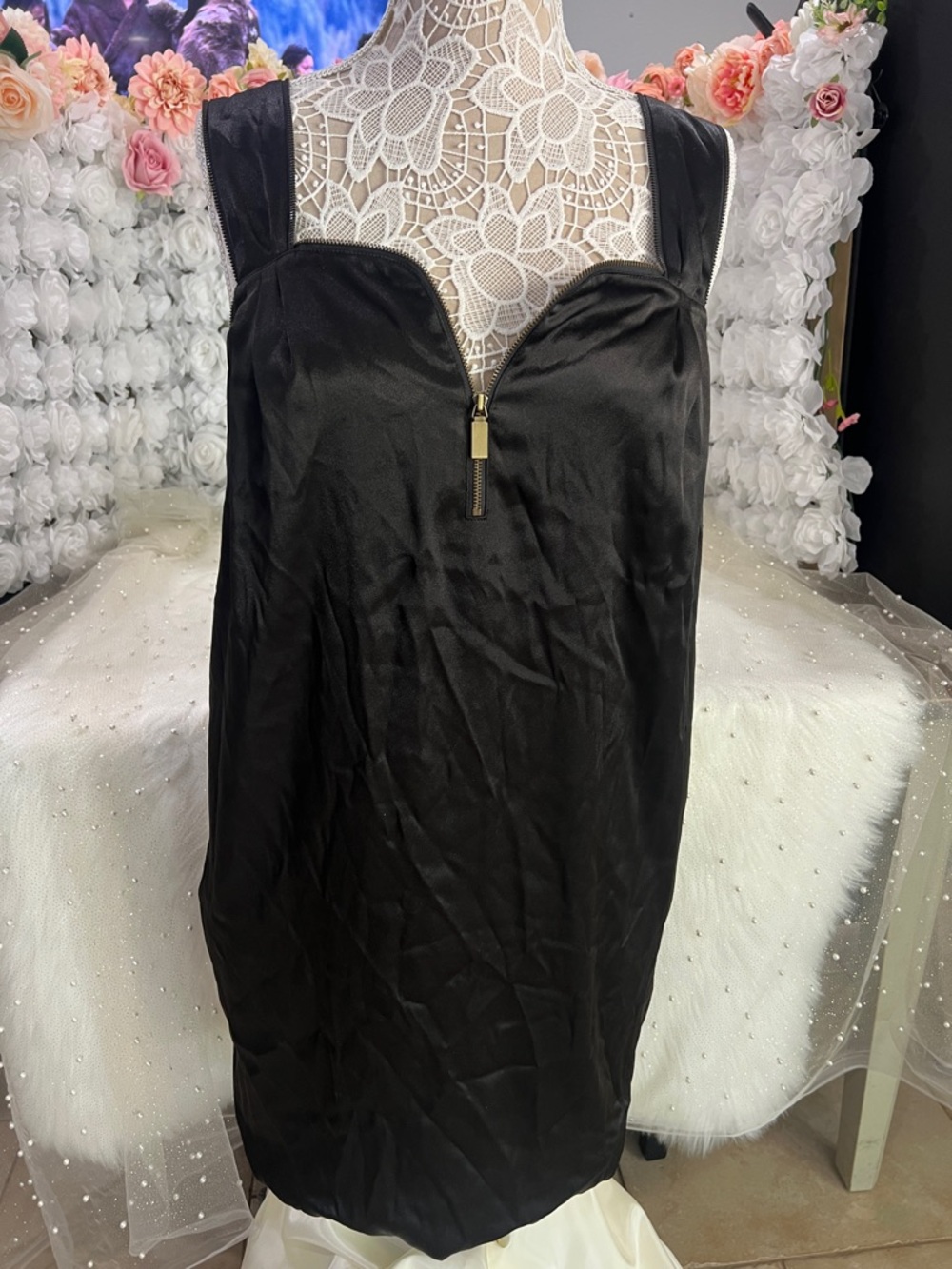 RACHEL Rachel Roy Black Satin Slip Dress with Gold Zipper
